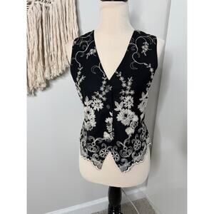 Women's Vintage Black White Satin Embroidered Button-front vest Medium Holiday